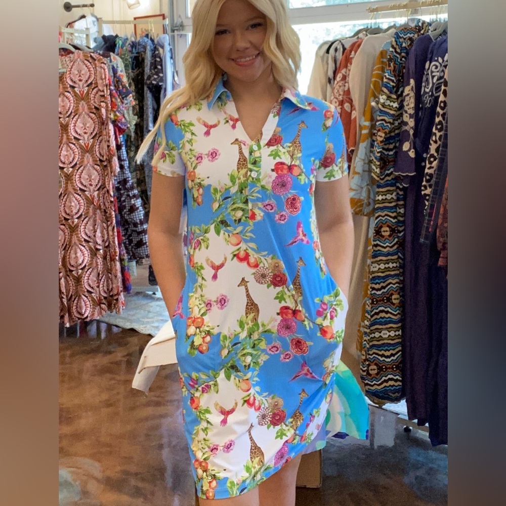 Kenny Dana giraffe Indy Floral Blue and White Dress upf 50 NEW POCKETS